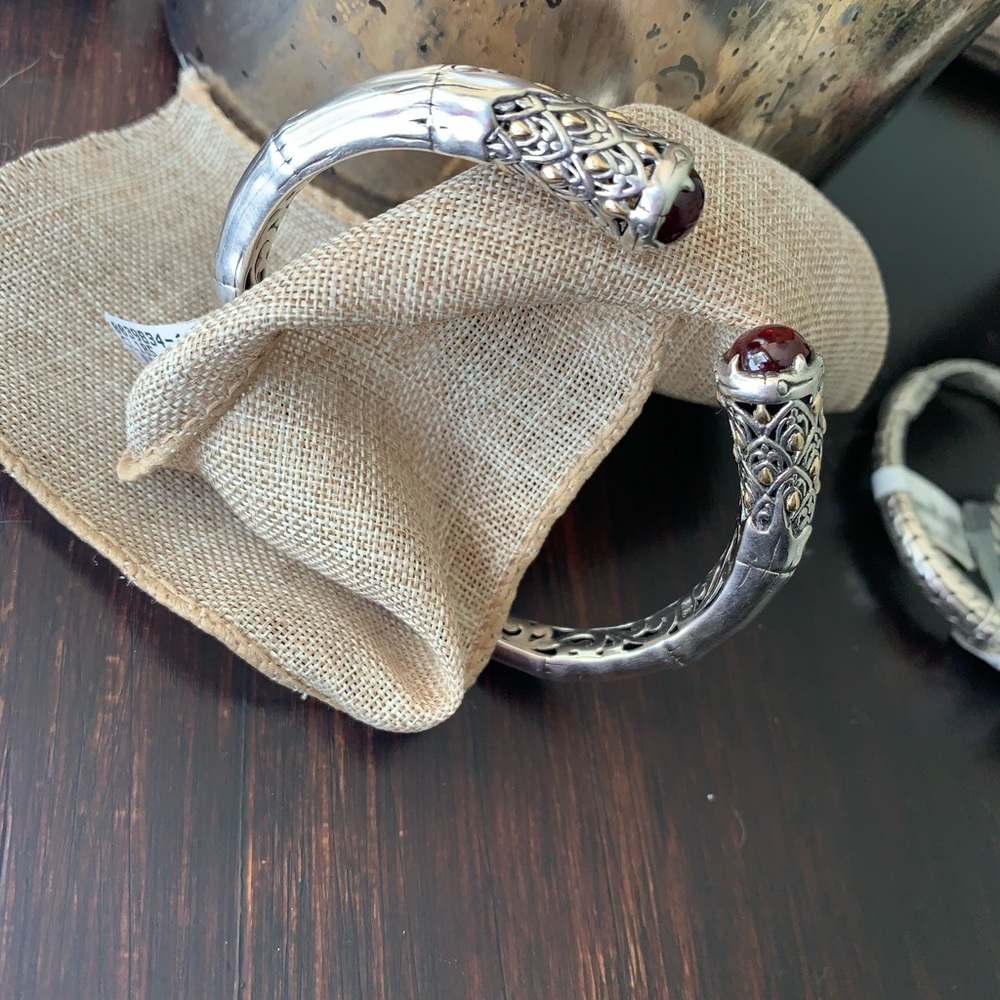 Bali Style Sterling silver hinged cuff with 14kt yellow gold & Garnet End Caps